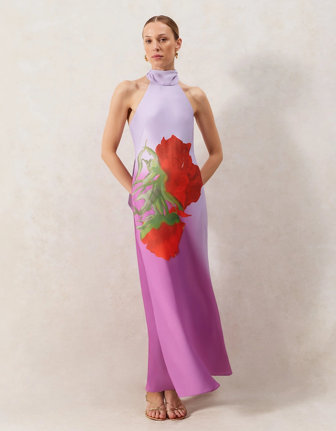 Margot Pink Rose Print Halter Neck Dress