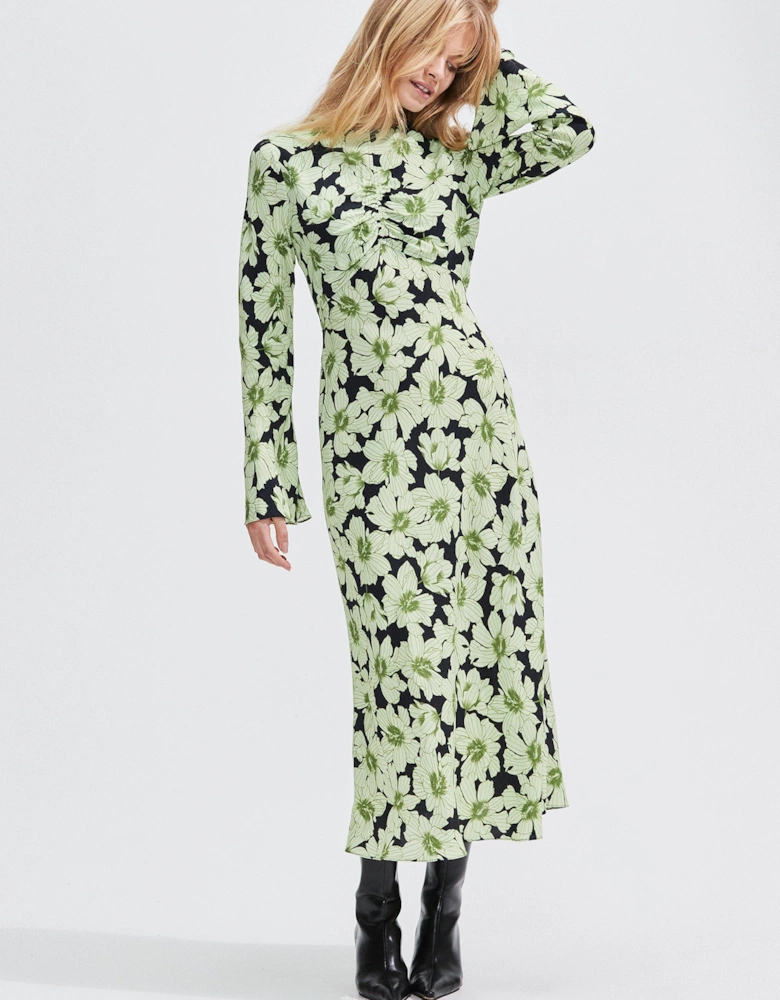 Green Floral Flute Sleeve Dress
