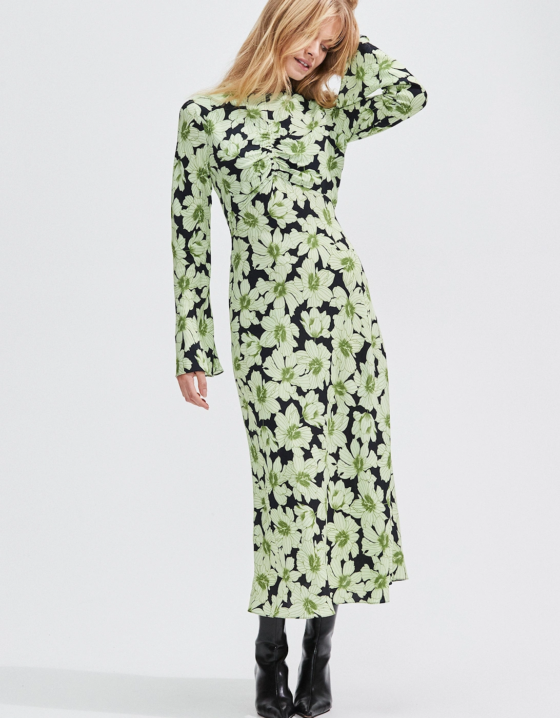 Green Floral Flute Sleeve Dress