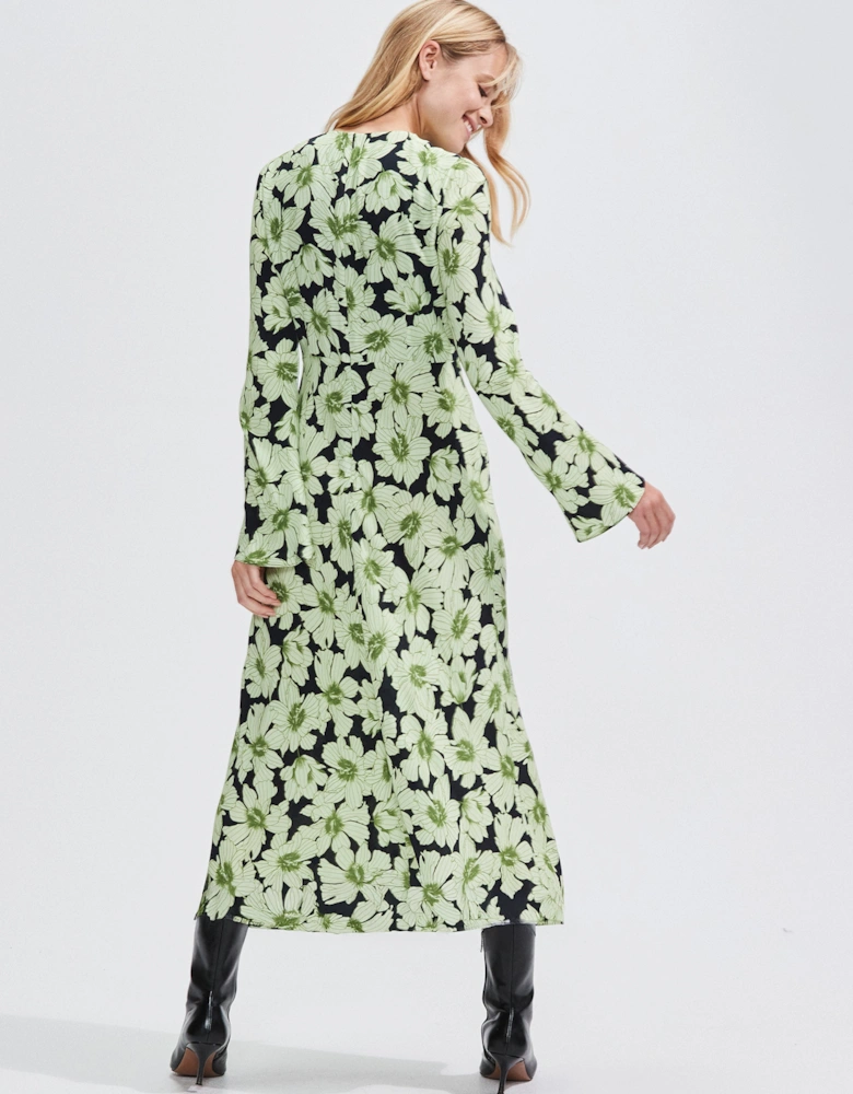 Green Floral Flute Sleeve Dress
