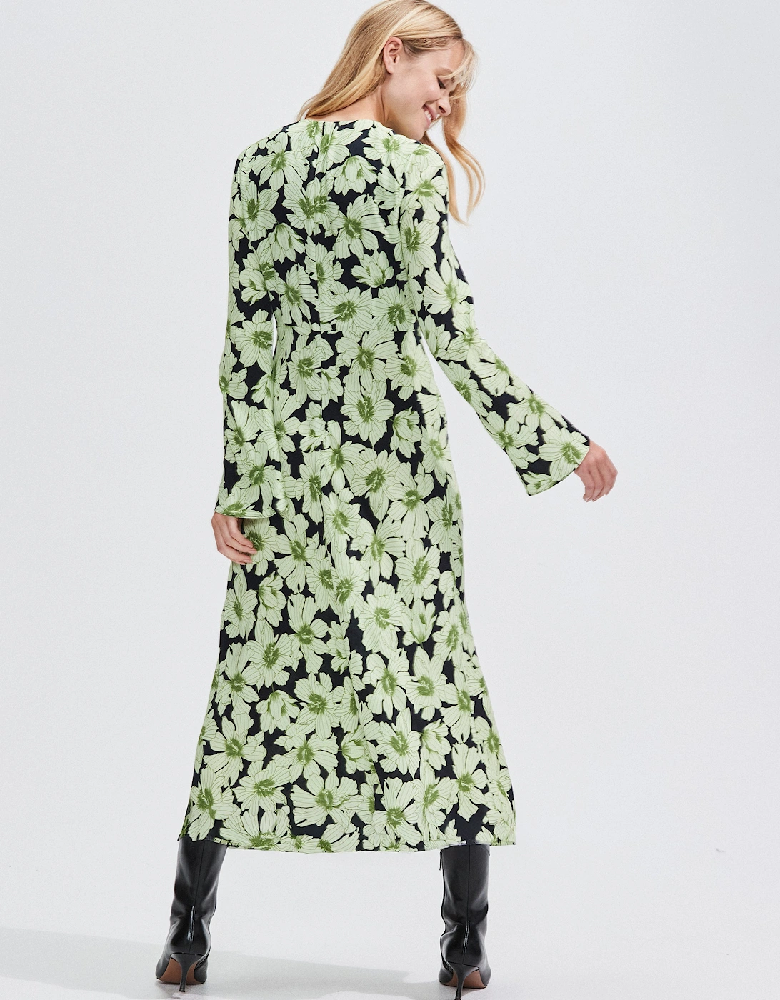 Green Floral Flute Sleeve Dress