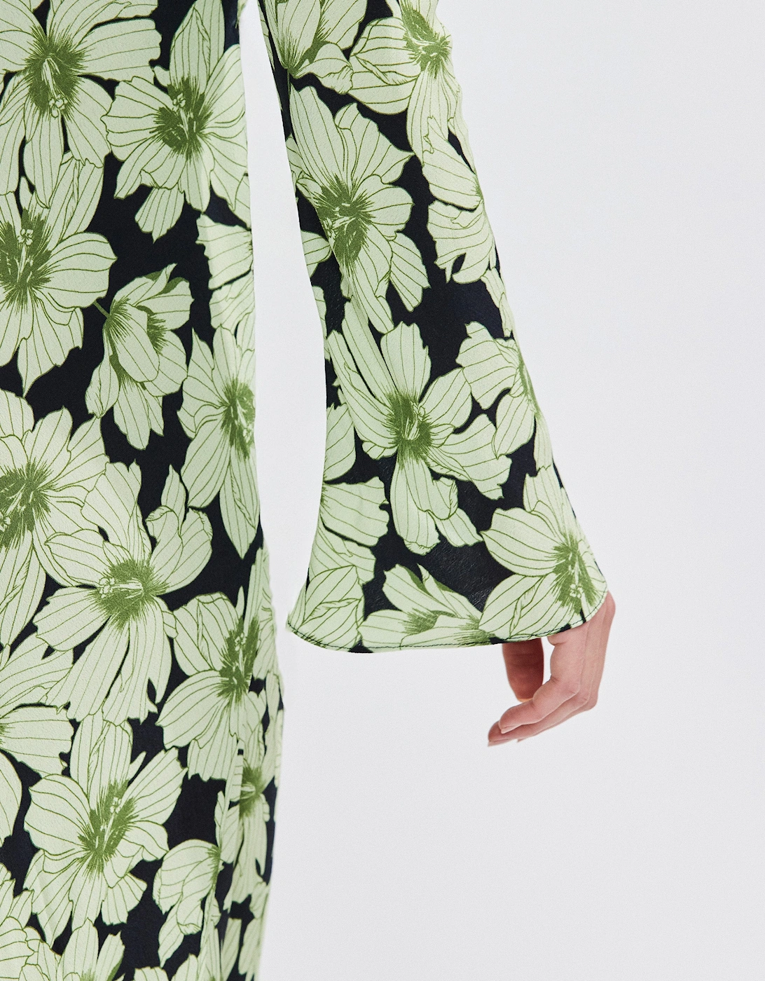 Green Floral Flute Sleeve Dress