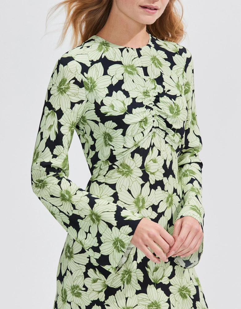Green Floral Flute Sleeve Dress