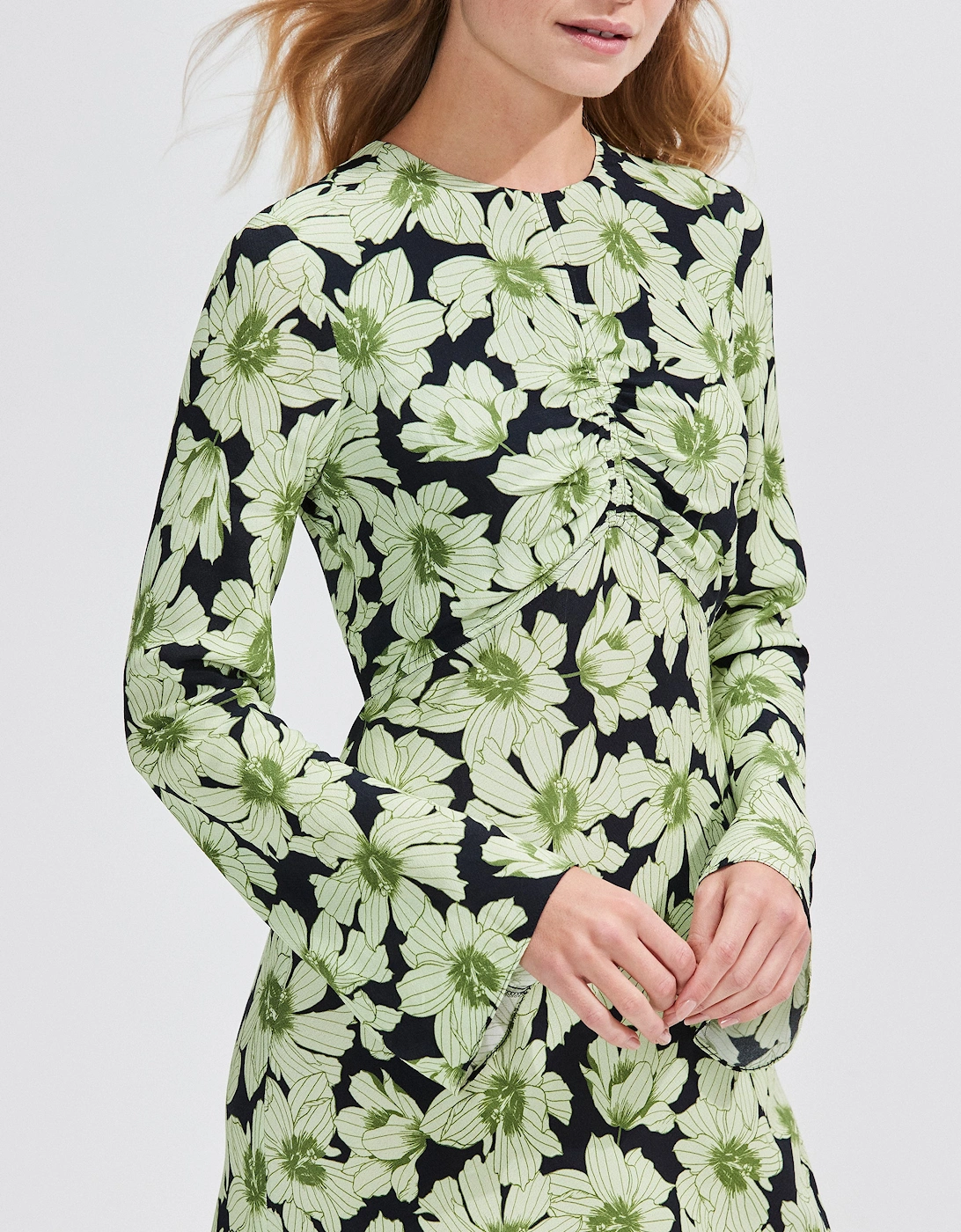 Green Floral Flute Sleeve Dress