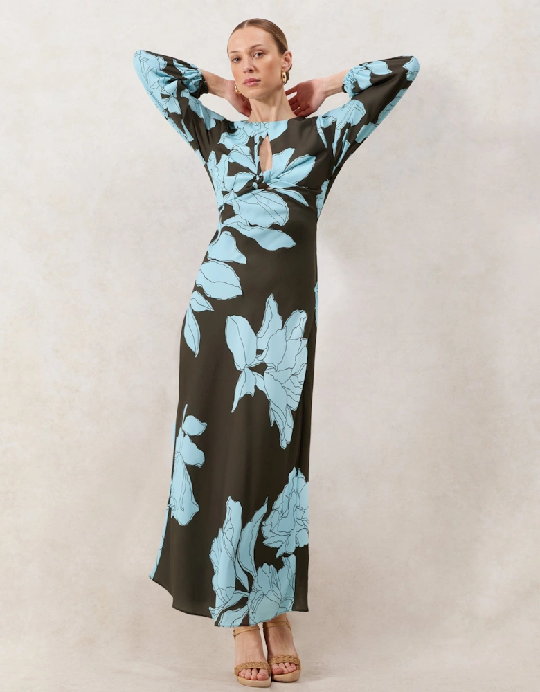 Mae Blue Floral Twist Front Midi Dress