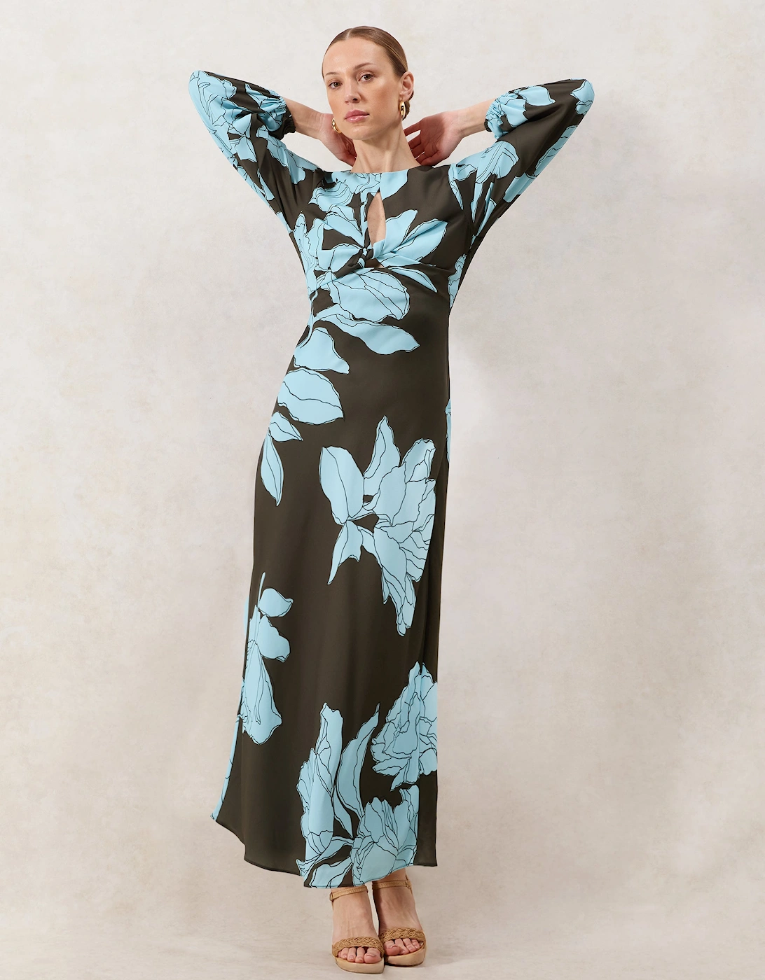 Mae Blue Floral Twist Front Midi Dress