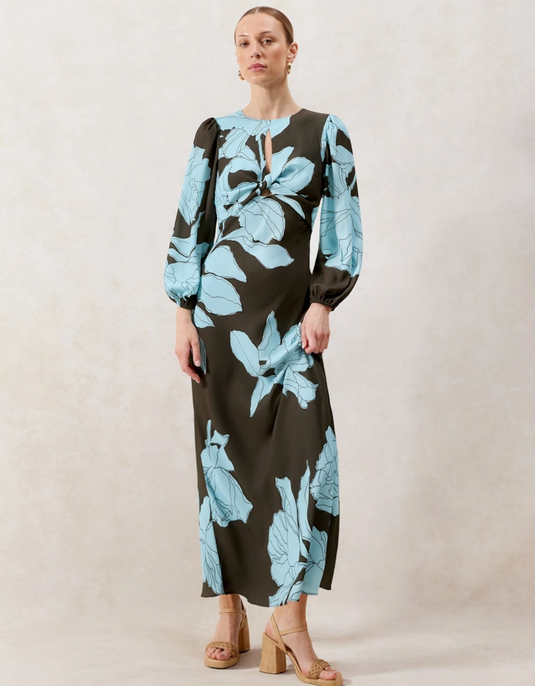 Mae Blue Floral Twist Front Midi Dress