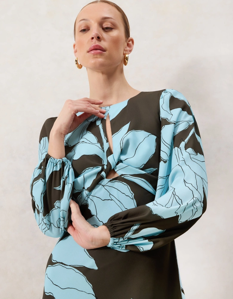 Mae Blue Floral Twist Front Midi Dress