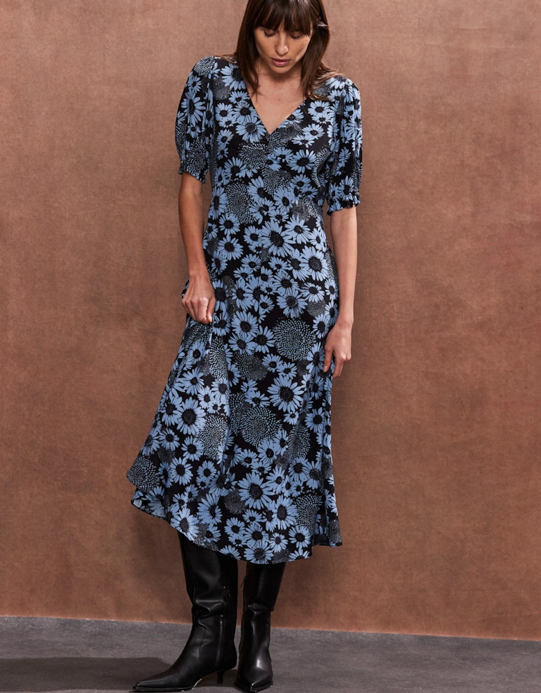 Petite Blue Daisy Print Midi Dress
