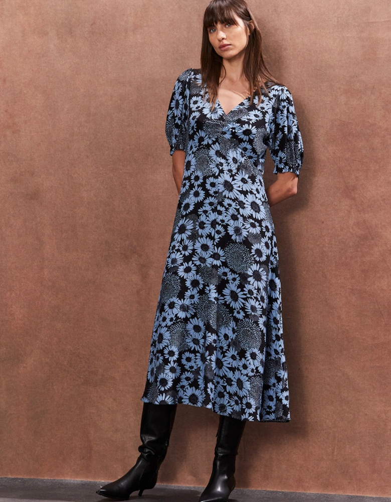 Petite Blue Daisy Print Midi Dress