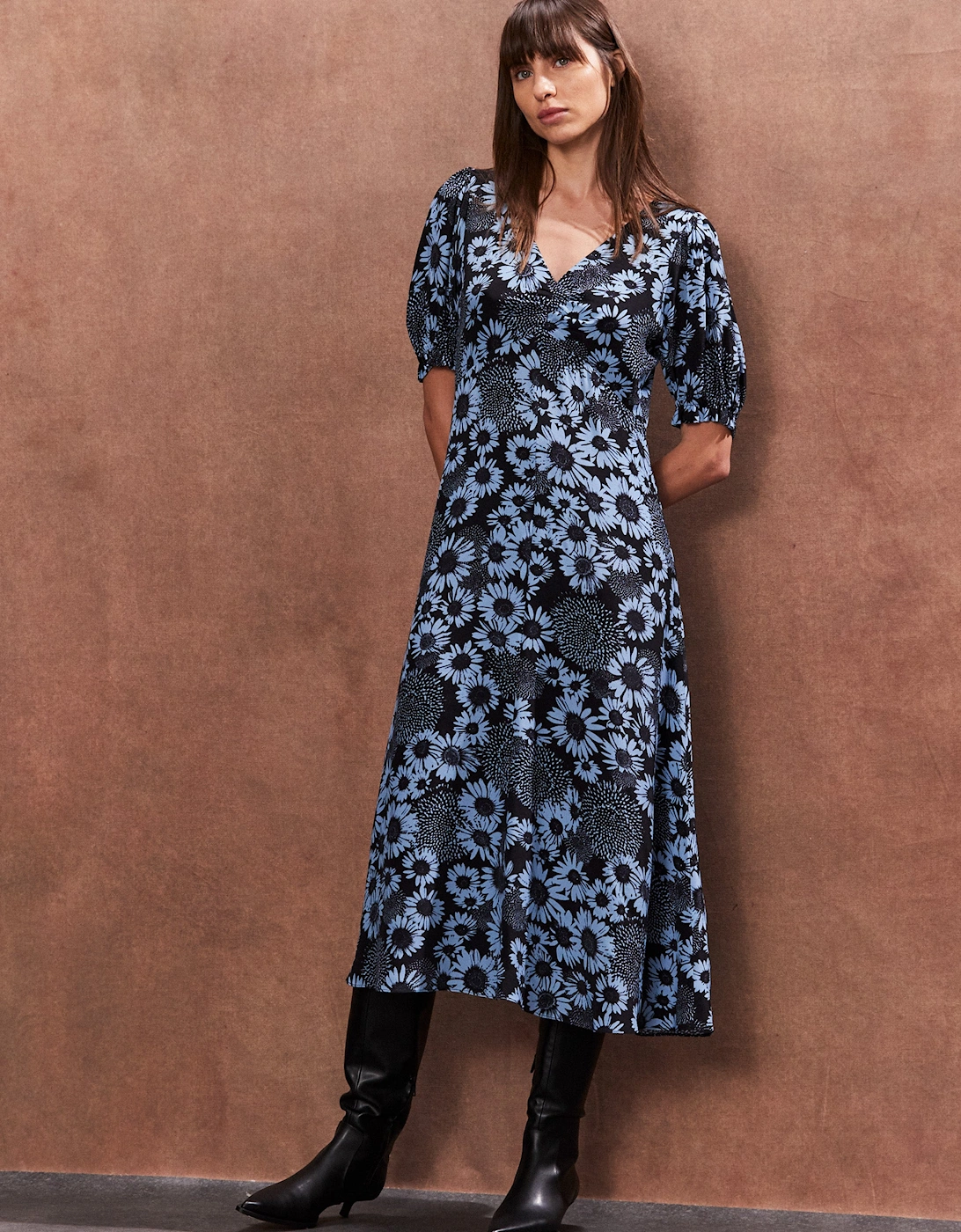 Petite Blue Daisy Print Midi Dress