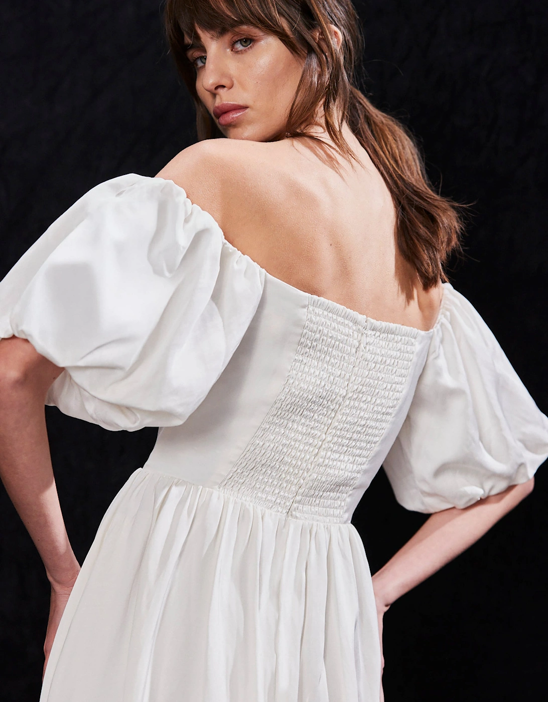 Alba Ivory Bardot Puff Sleeve Maxi Dress