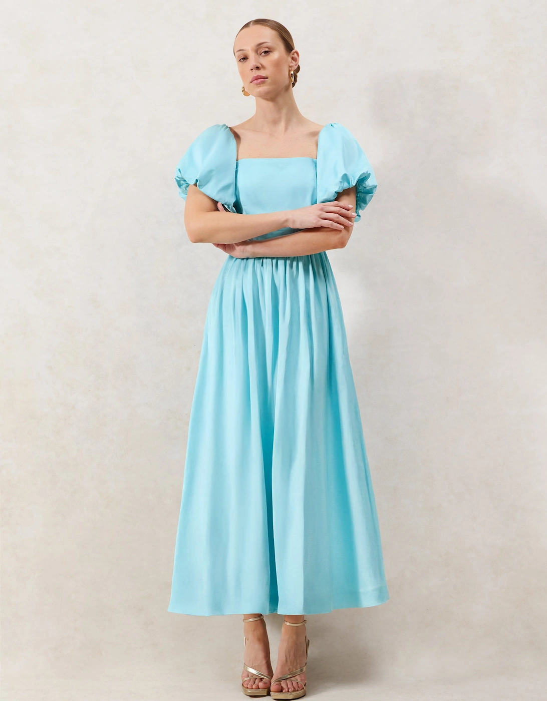 Alba Blue Bardot Puff Sleeve Maxi Dress