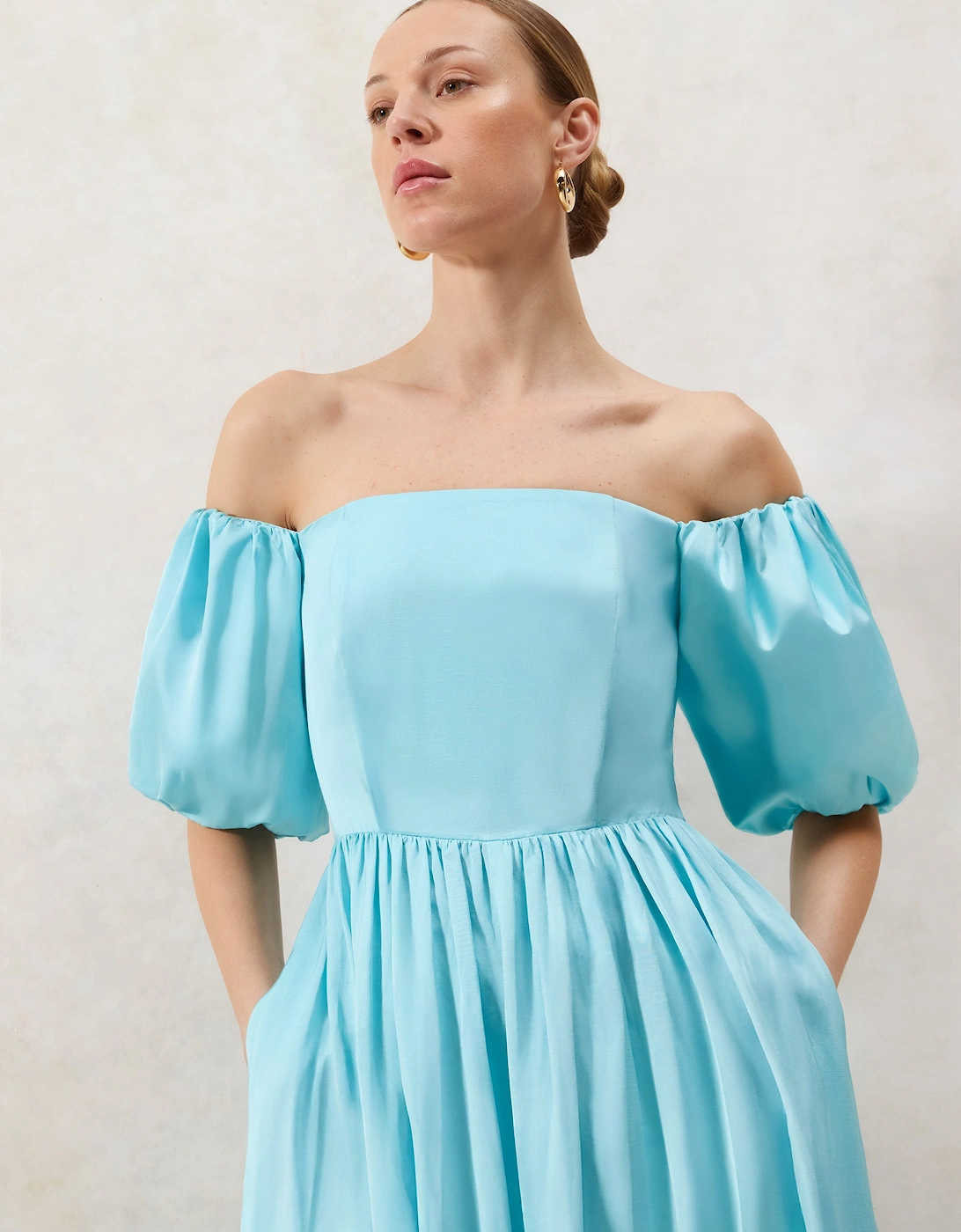 Alba Blue Bardot Puff Sleeve Maxi Dress