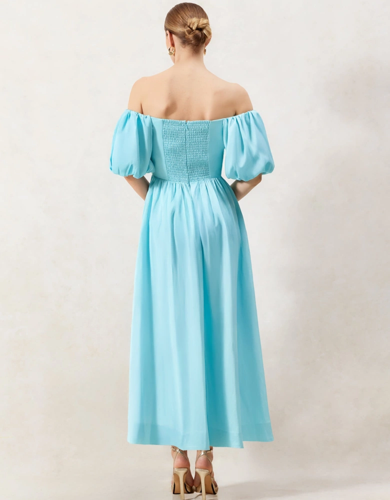 Alba Blue Bardot Puff Sleeve Maxi Dress