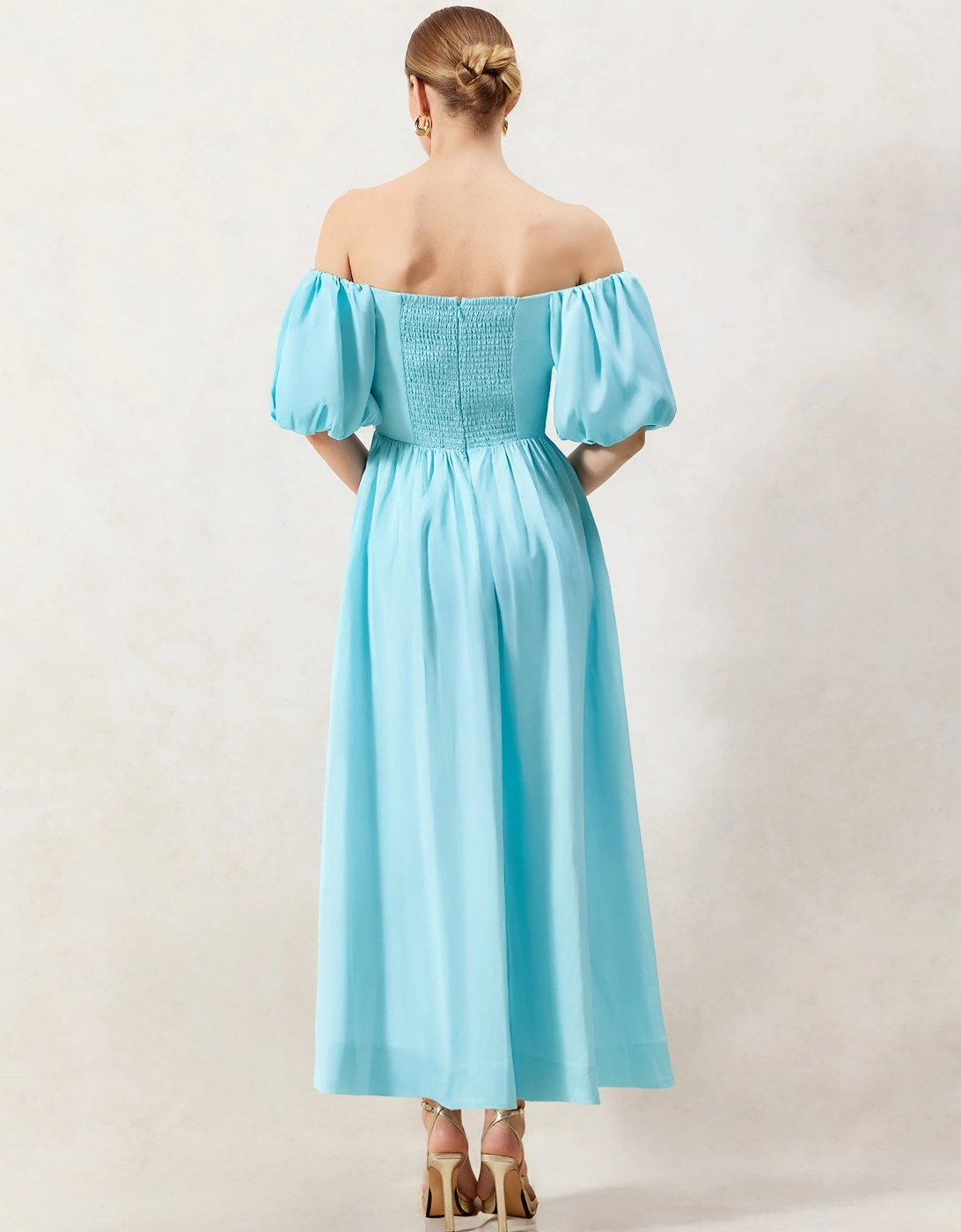Alba Blue Bardot Puff Sleeve Maxi Dress