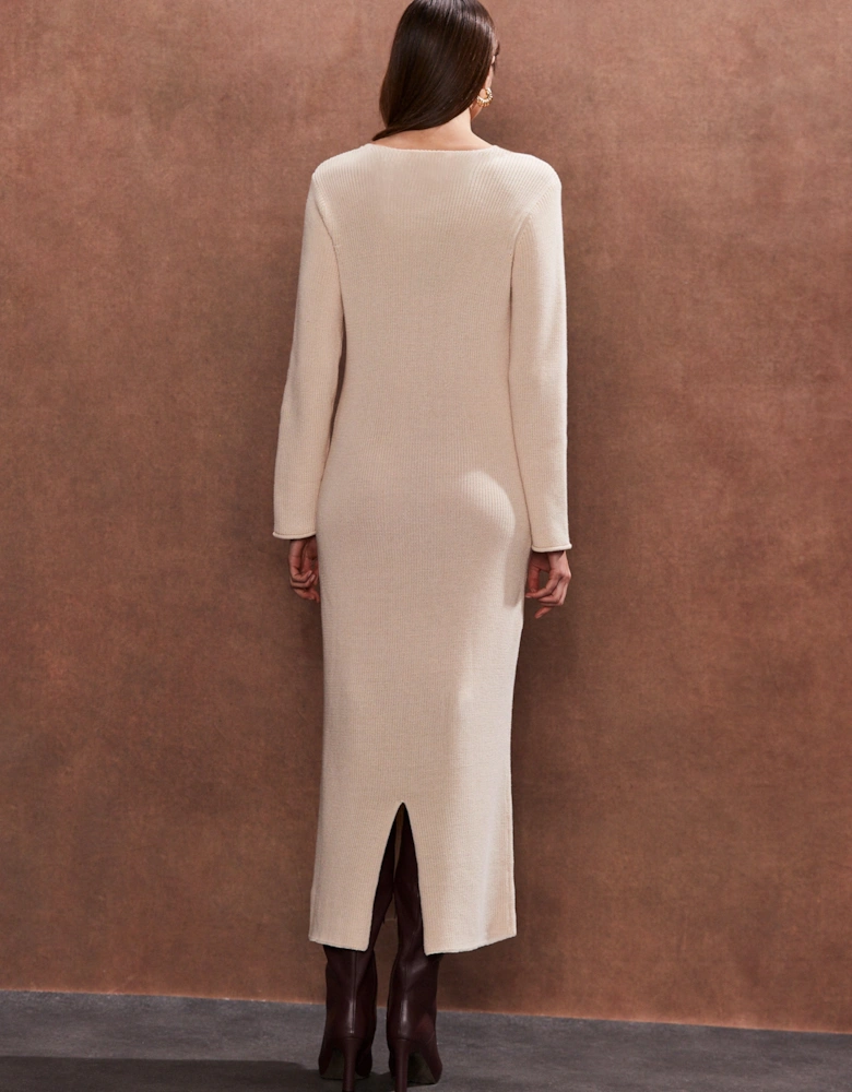 Oatmeal V Neck Knitted Midi Dress