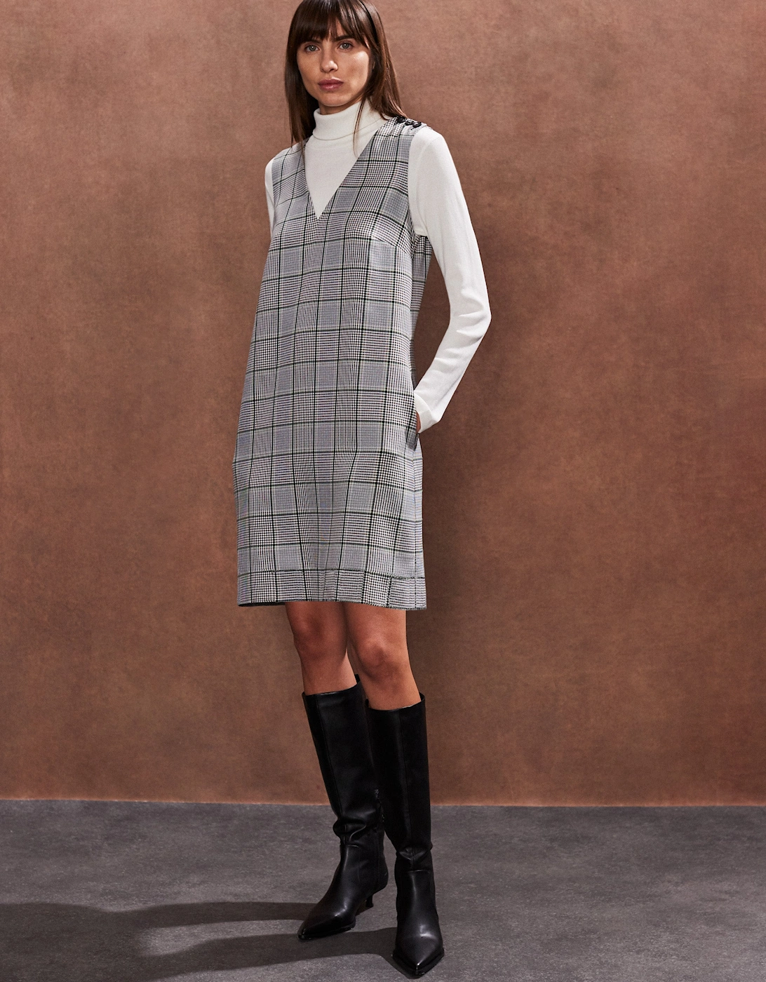 Petite Green Mono Check Mini Dress
