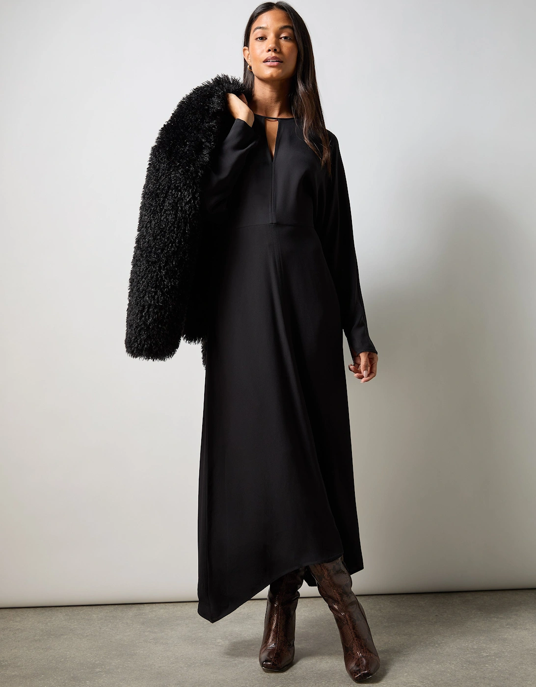 Petite Black Crepe Keyhole Midi Dress, 6 of 5