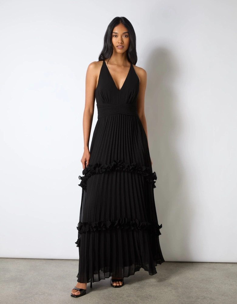 Sienna Black Pleated Frill Maxi Dress