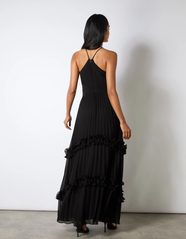 Sienna Black Pleated Frill Maxi Dress