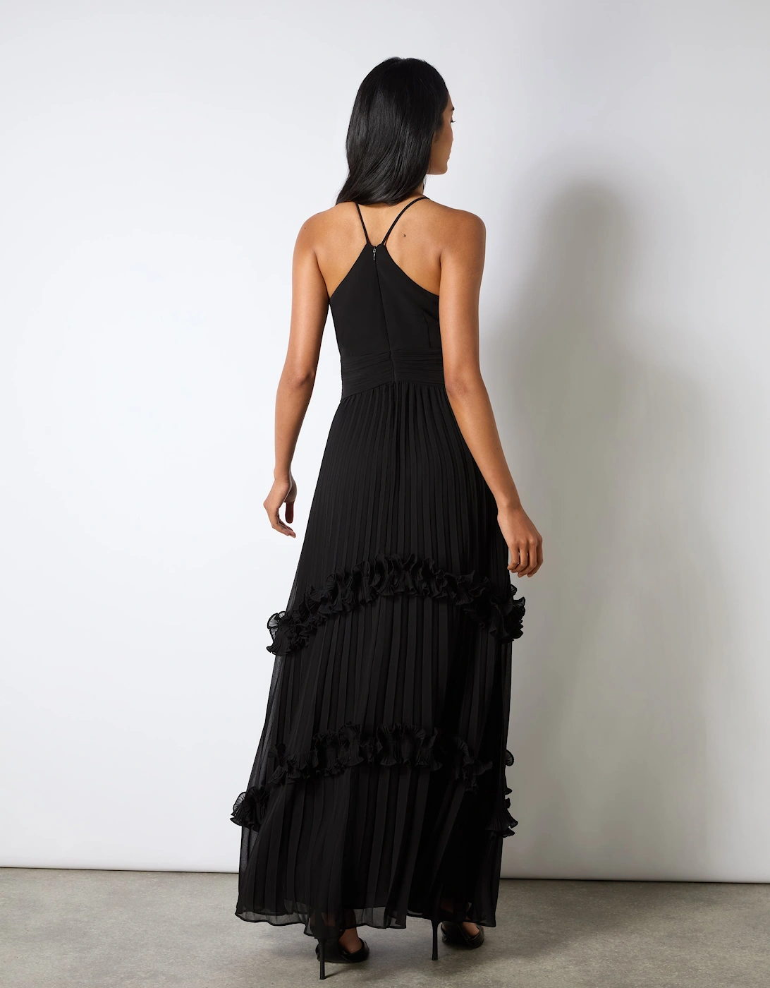 Sienna Black Pleated Frill Maxi Dress