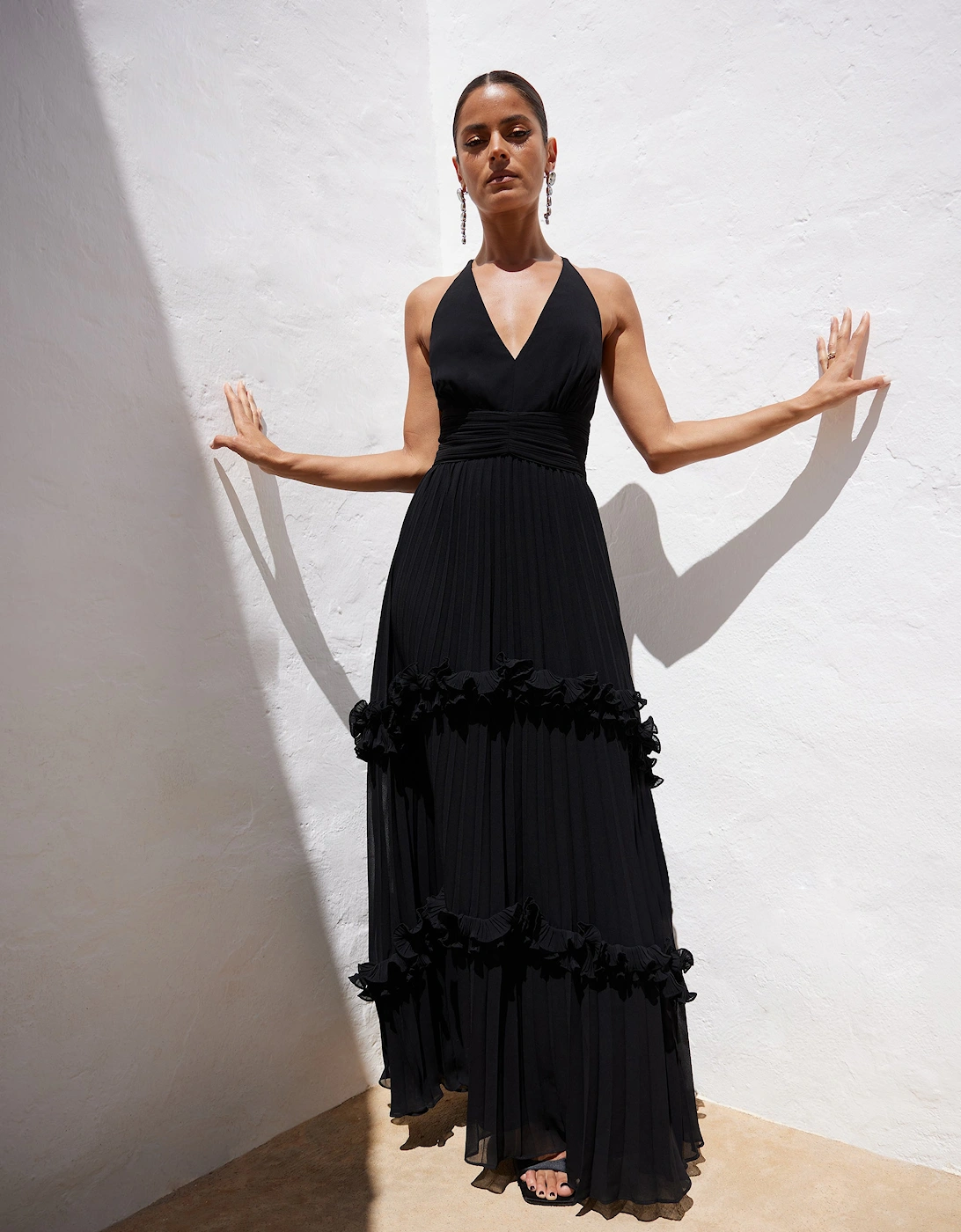 Sienna Black Pleated Frill Maxi Dress