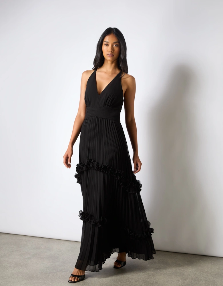 Sienna Black Pleated Frill Maxi Dress