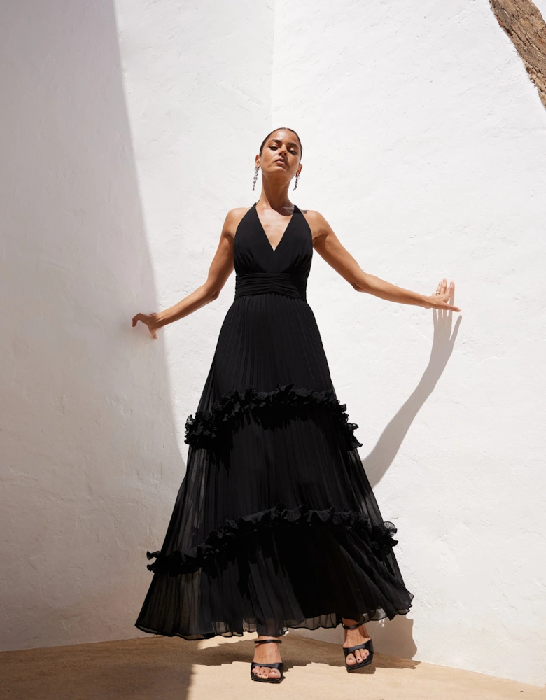 Sienna Black Pleated Frill Maxi Dress