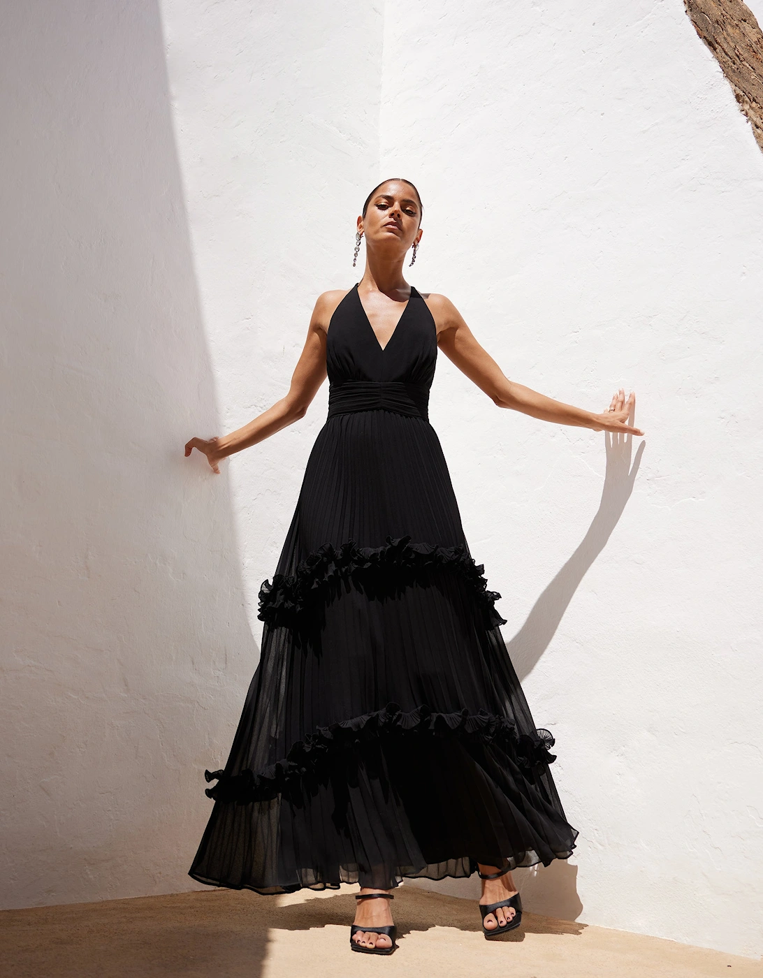 Sienna Black Pleated Frill Maxi Dress