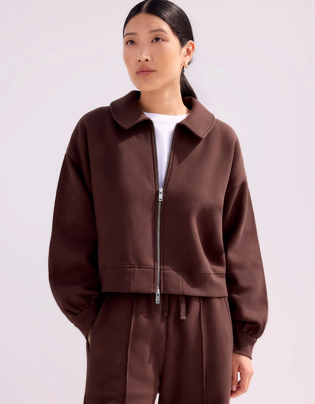 Chocolate-Brown Sweatshirt Bomber Jacket