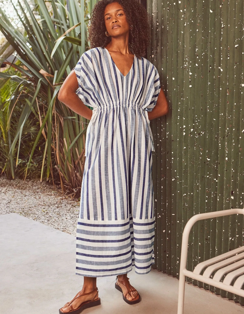 Blue Stripe Linen Blend Tie Waist Dress
