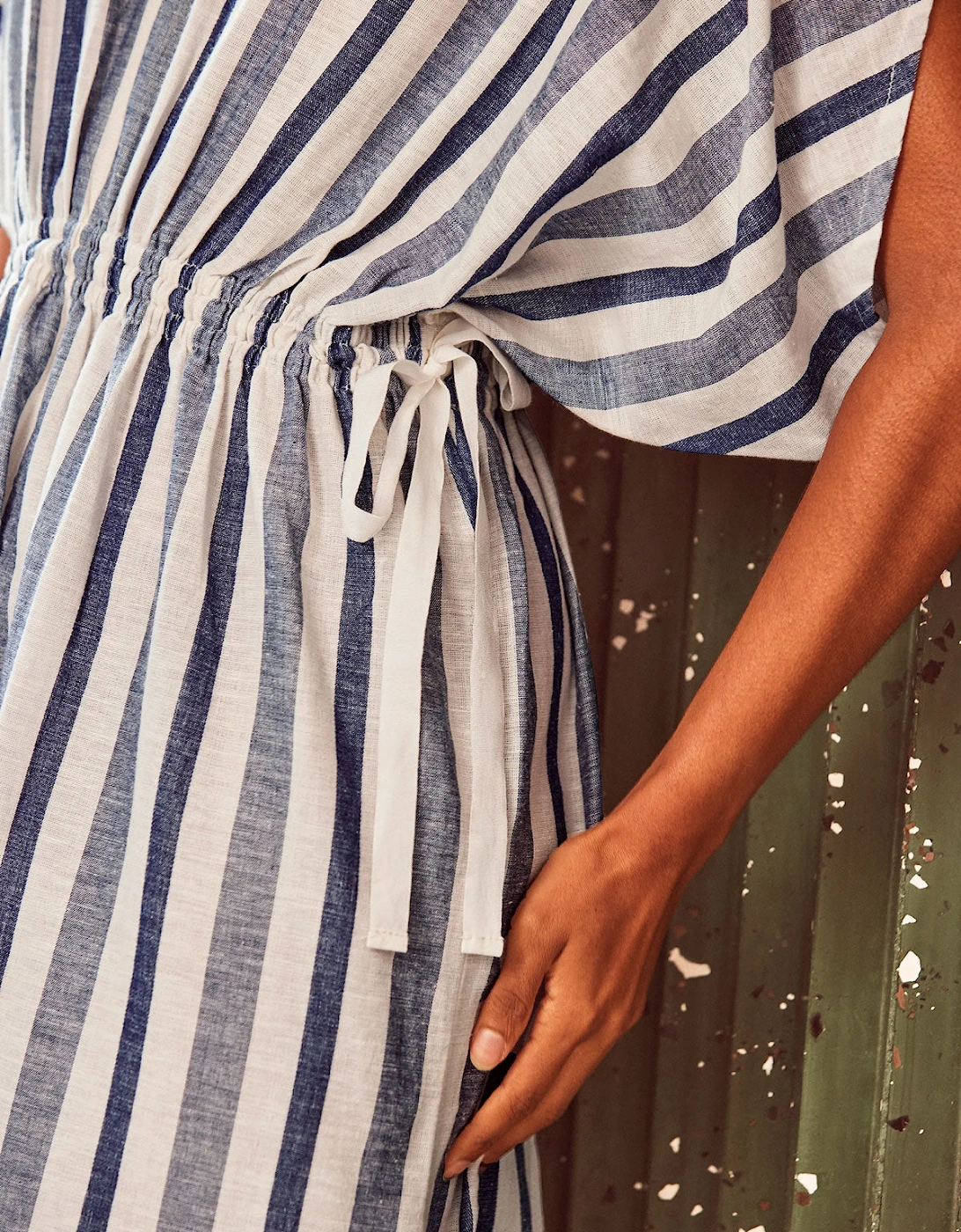 Blue Stripe Linen Blend Tie Waist Dress