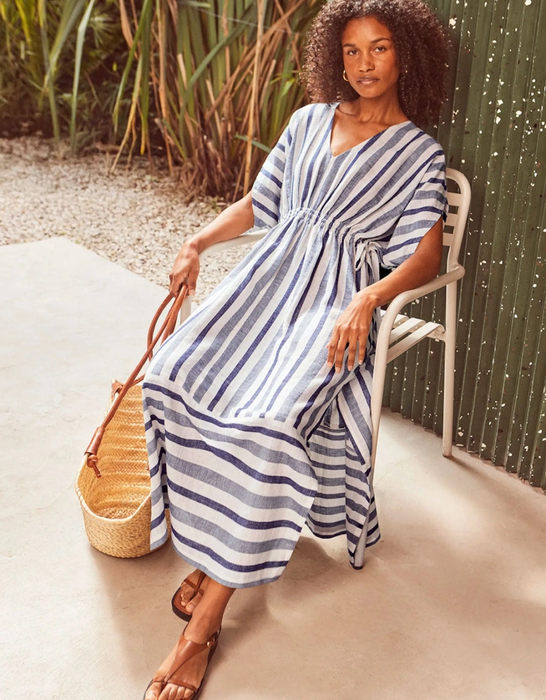 Blue Stripe Linen Blend Tie Waist Dress
