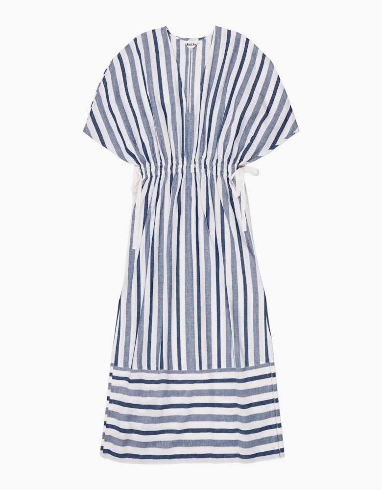 Blue Stripe Linen Blend Tie Waist Dress