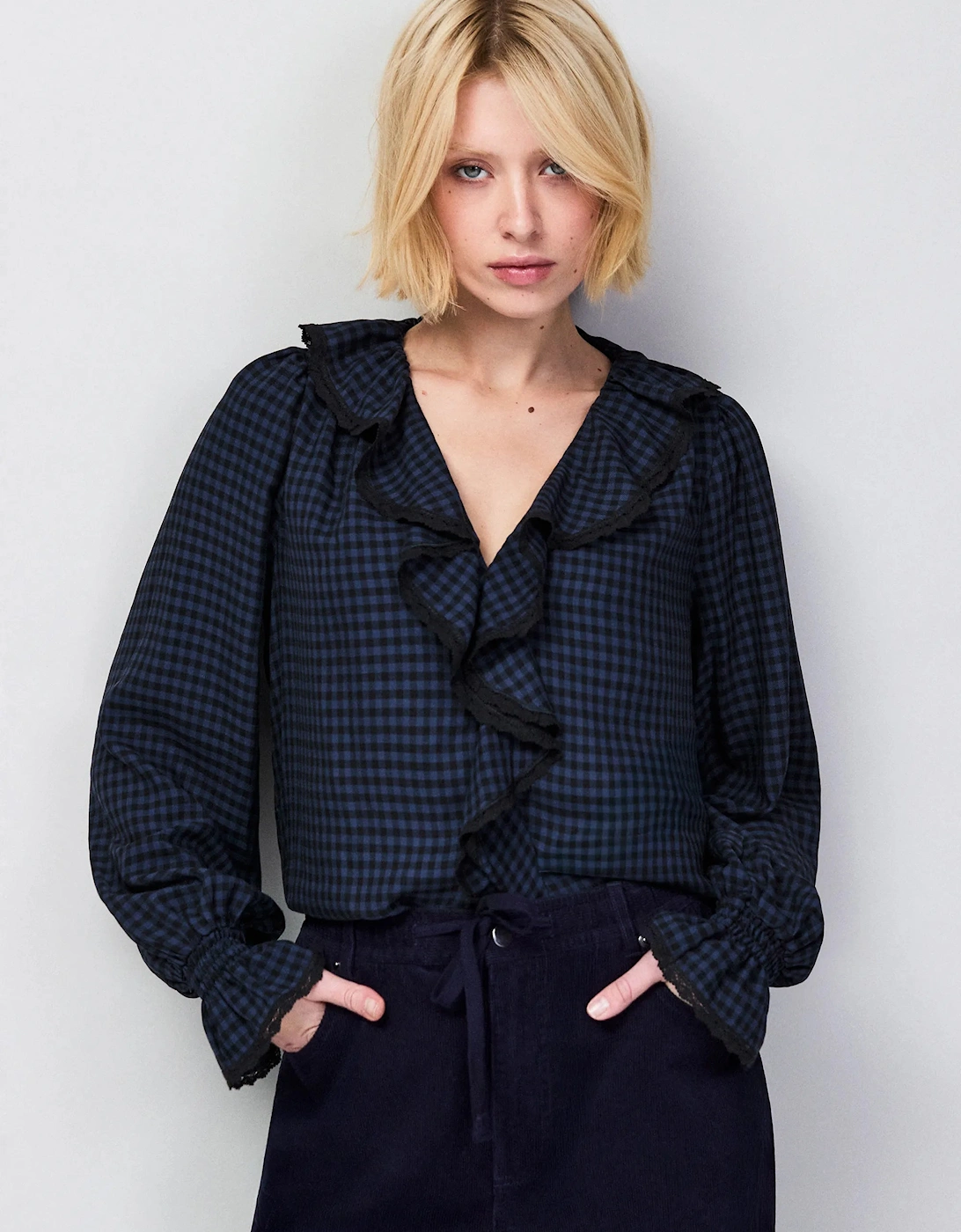Navy Check Ruffle-Detail Blouse
