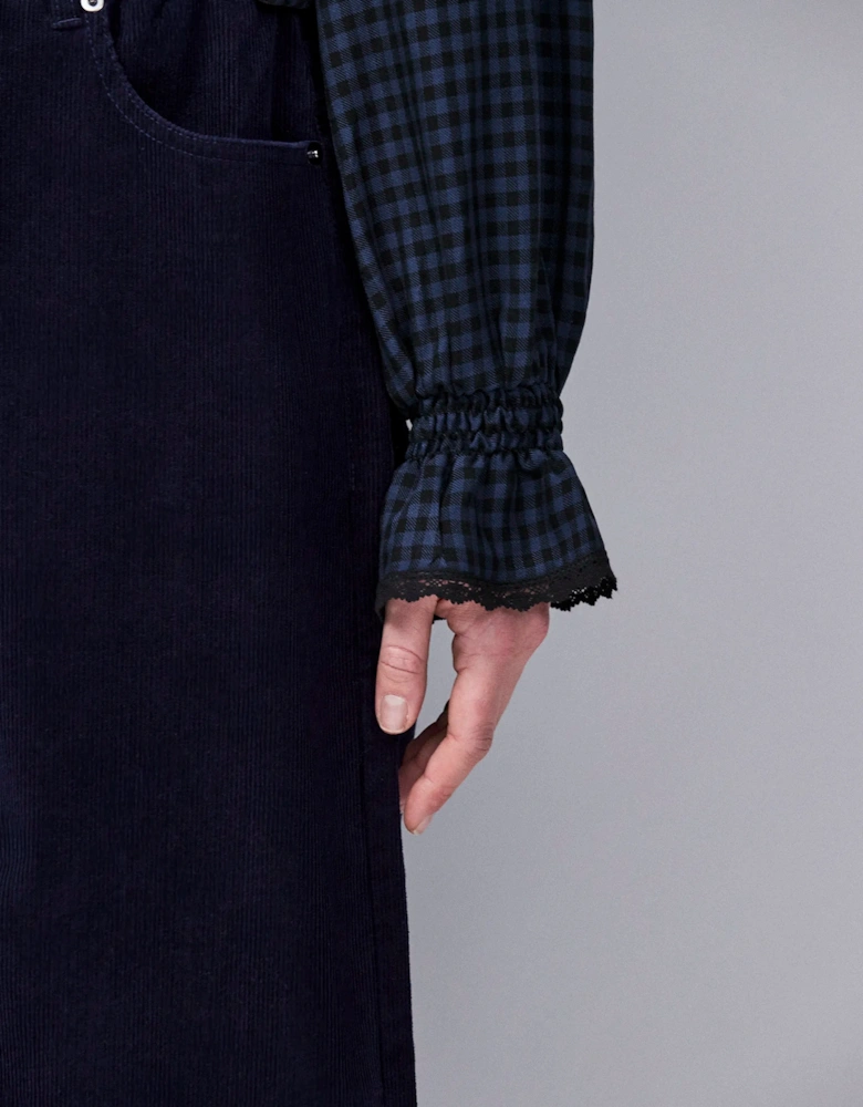 Navy Check Ruffle-Detail Blouse