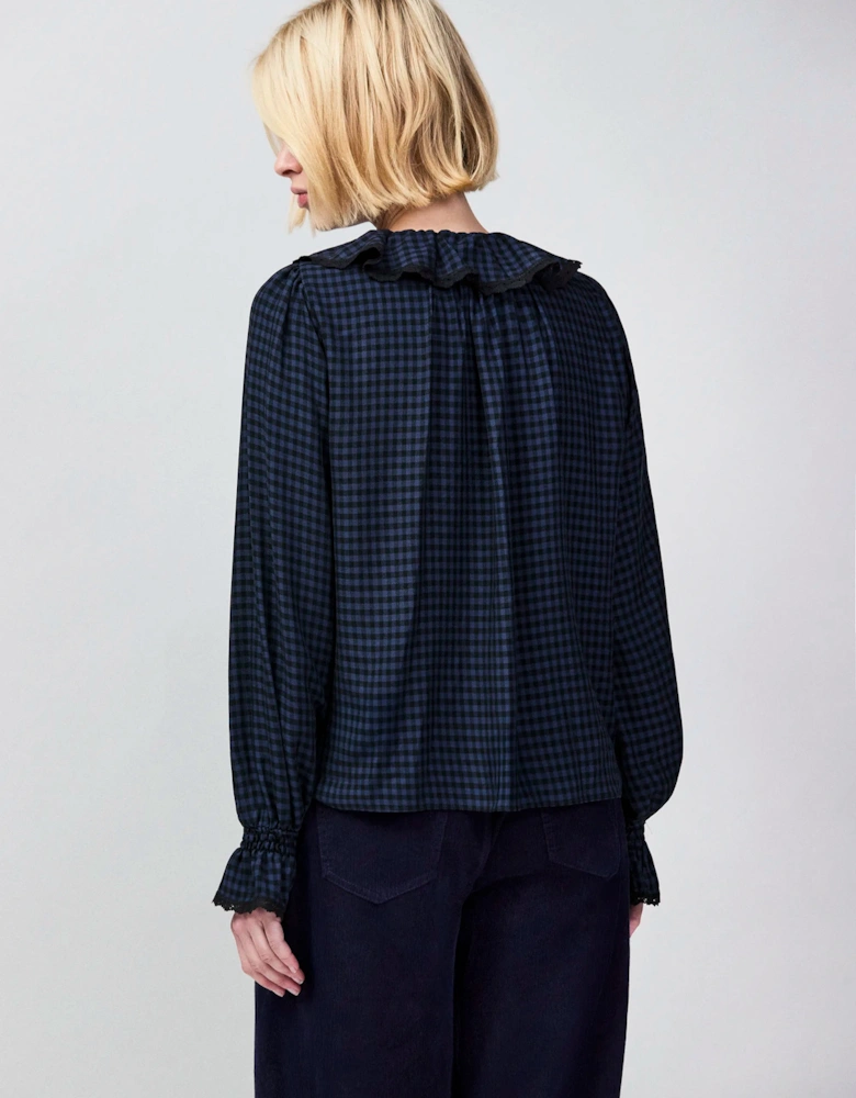 Navy Check Ruffle-Detail Blouse