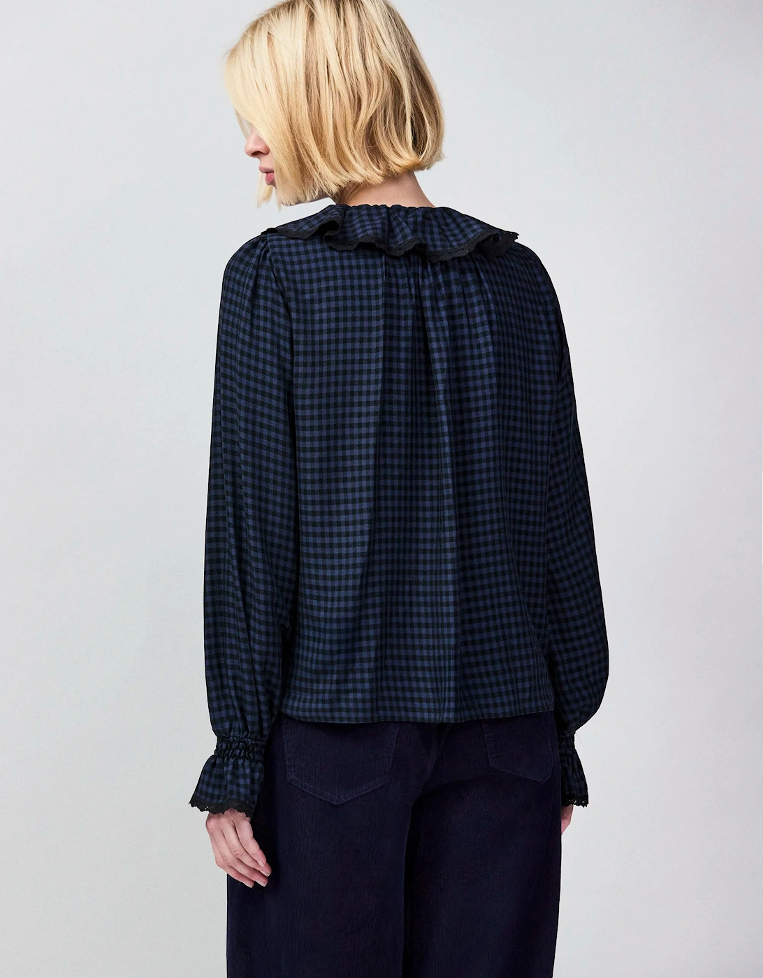 Navy Check Ruffle-Detail Blouse