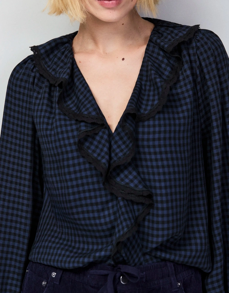 Navy Check Ruffle-Detail Blouse
