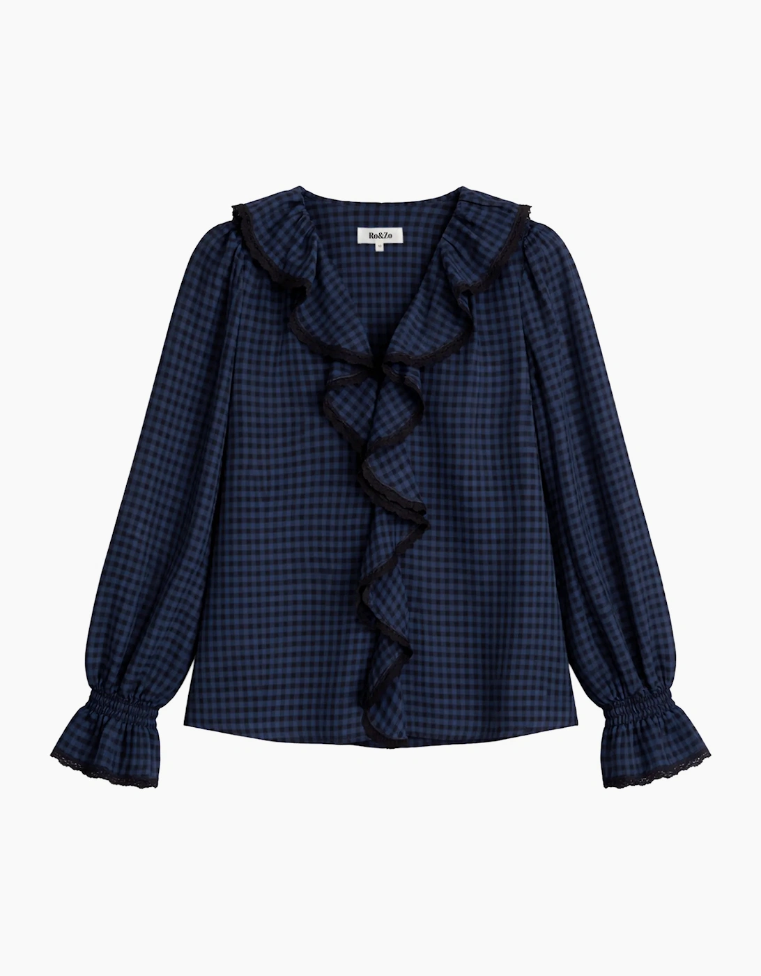 Navy Check Ruffle-Detail Blouse