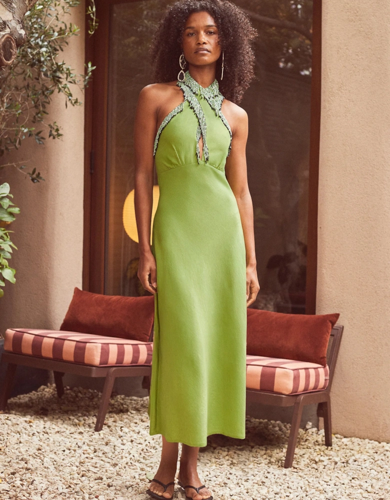 Green Halter Bead-Fringe Linen Blend Dress