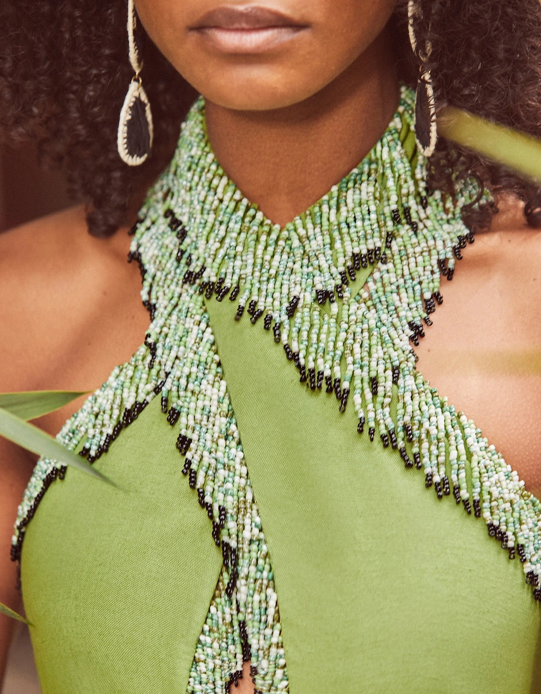 Green Halter Bead-Fringe Linen Blend Dress