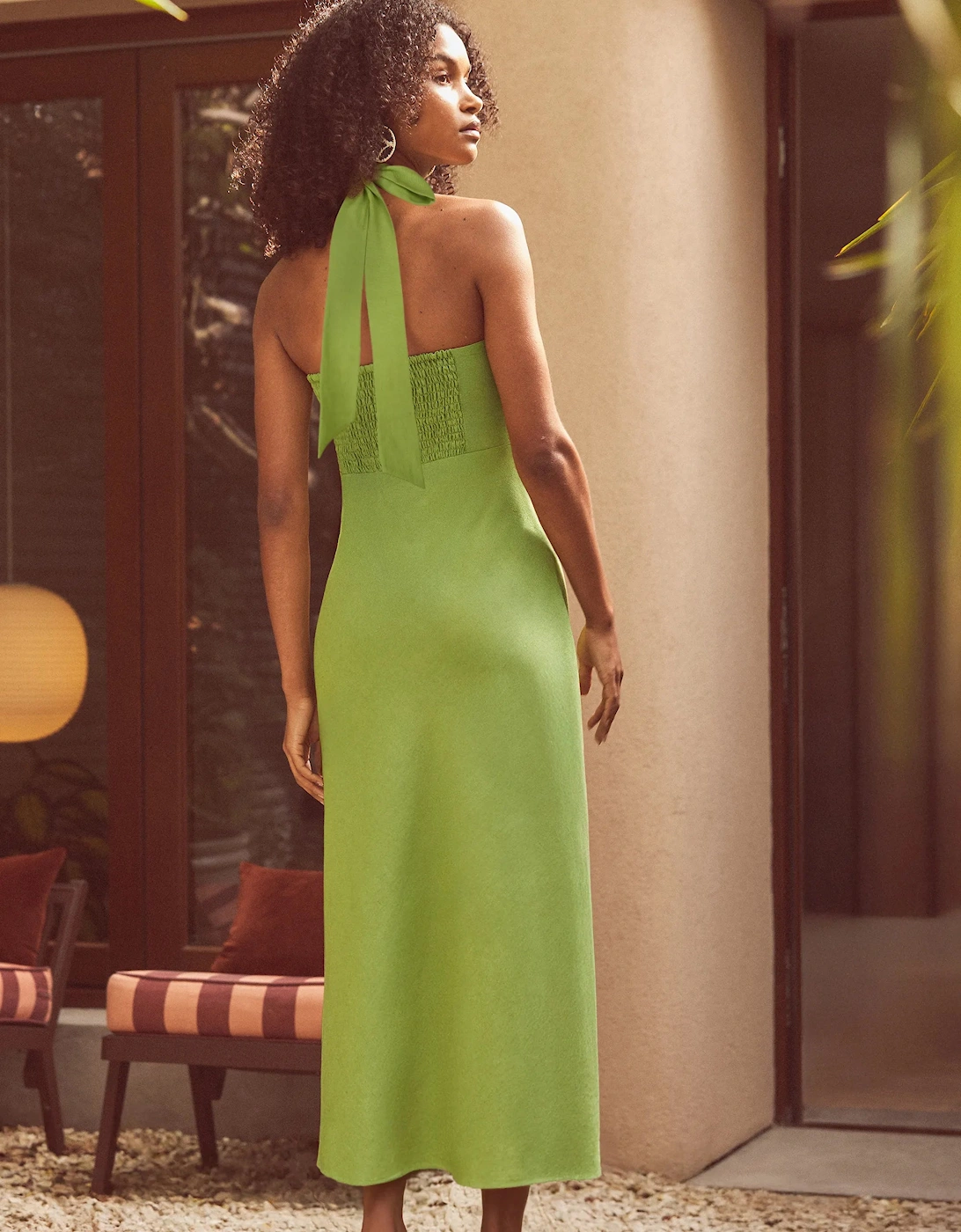 Green Halter Bead-Fringe Linen Blend Dress
