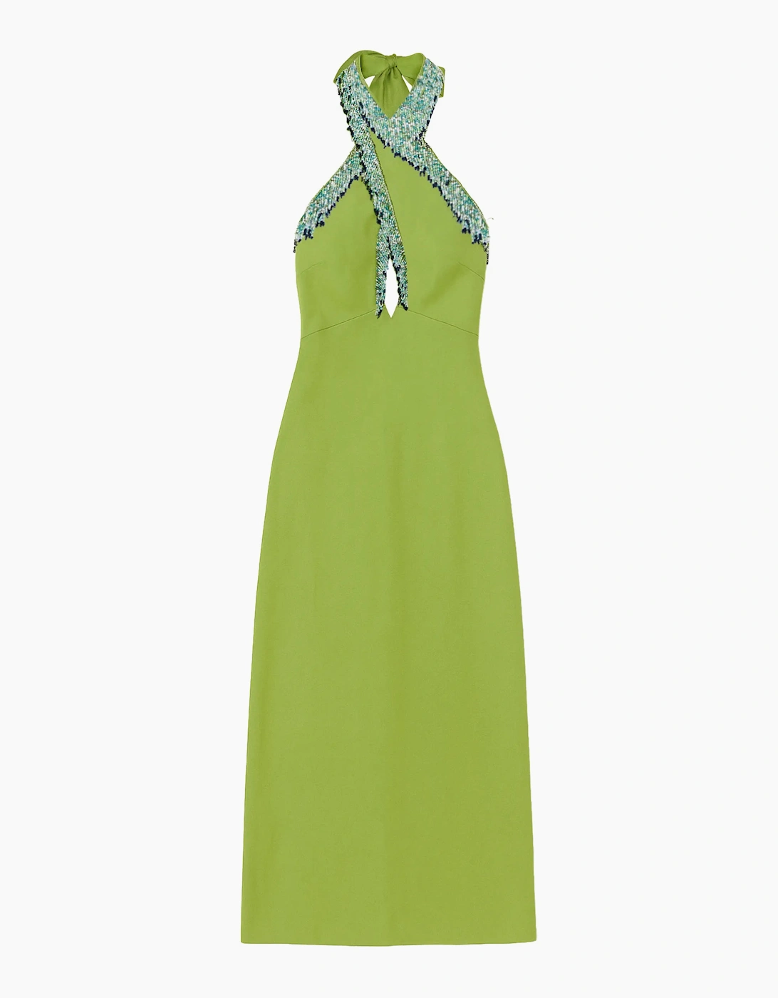 Green Halter Bead-Fringe Linen Blend Dress