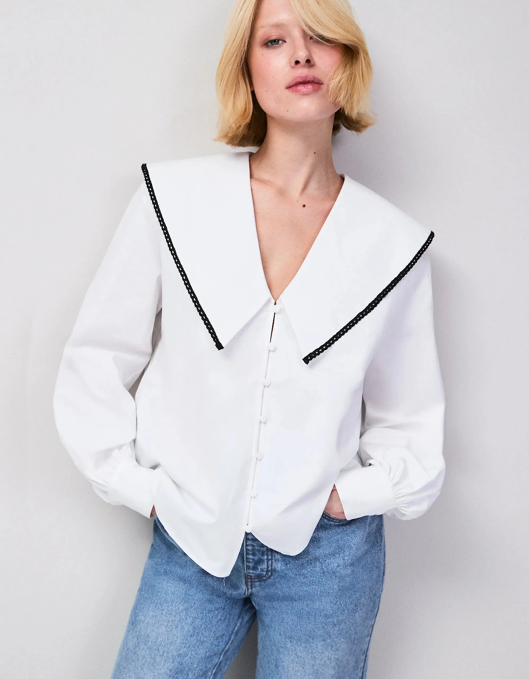 White Cotton Statement Collar Shirt