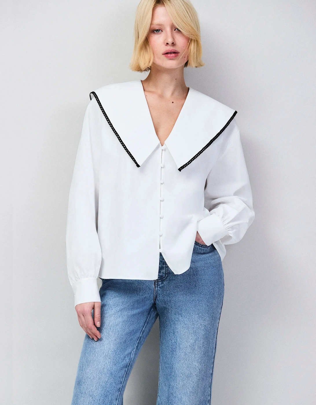 White Cotton Statement Collar Shirt