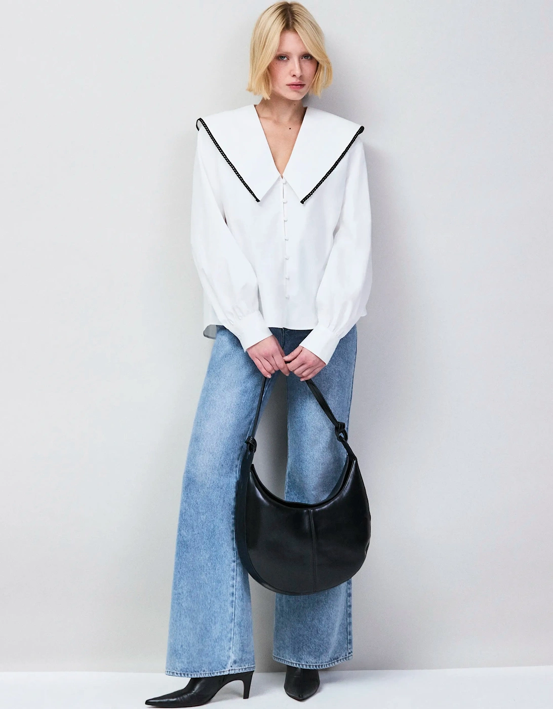 White Cotton Statement Collar Shirt