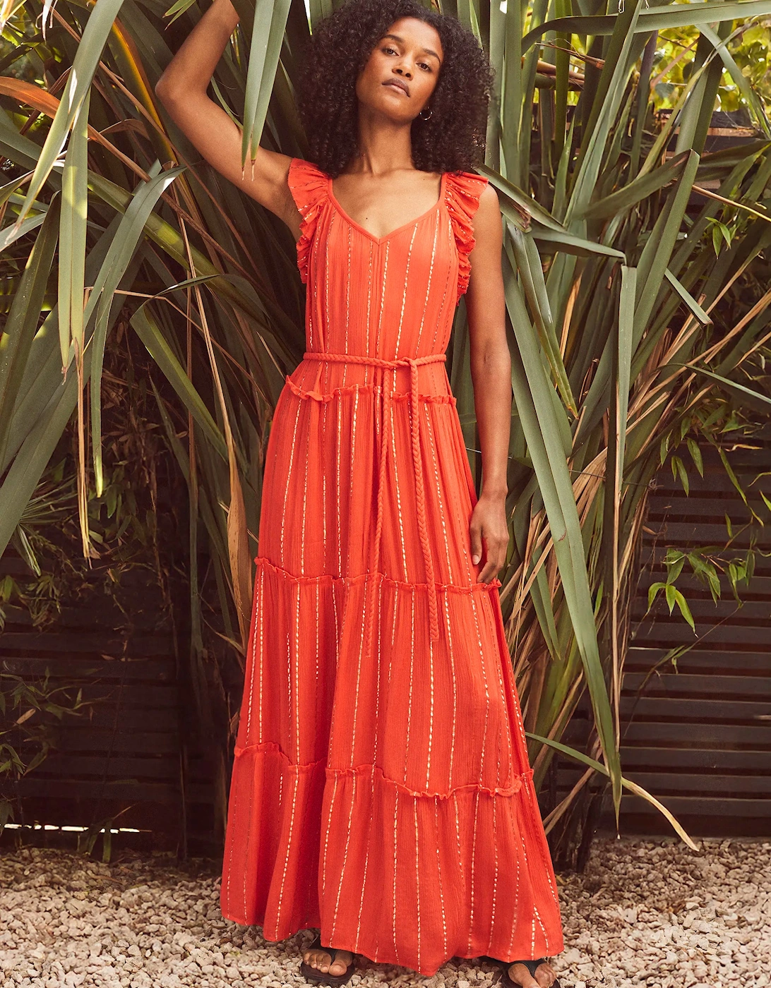Petite Coral Lurex Tiered Maxi Dress