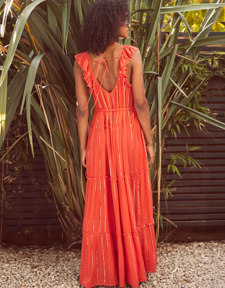 Petite Coral Lurex Tiered Maxi Dress